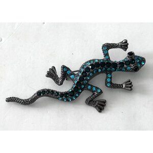 Vintage Rhinestone Lizard Brooch Pin With Blue Black